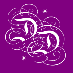 Dagne Drake’s monogram of ornate intertwined white initials and stars on a royal purple background.